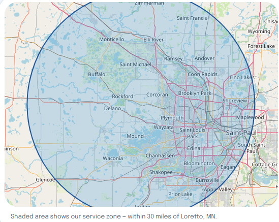 Map showing the Peak Reflections service area within 30 miles of Loretto, Minnesota